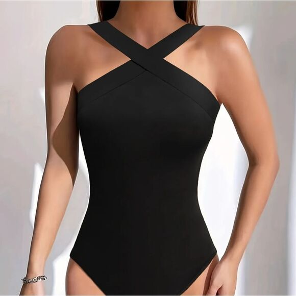 Sleek Black Asymmetrical Sleeveless Bodysuit - Picture 1 of 12
